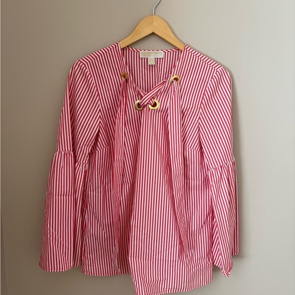 Michael Kors Red and White Bell Sleeve Blouse with Tie Front size Medium - Picture 2 of 5